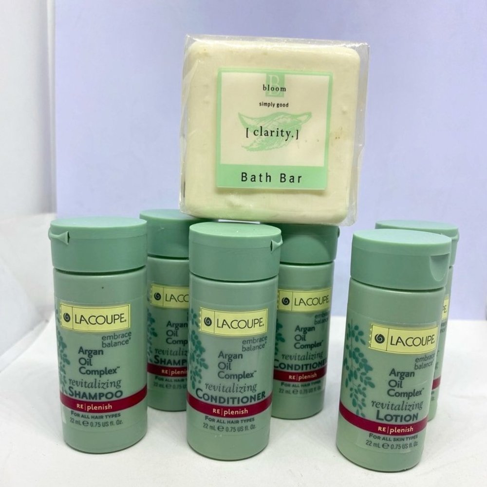 NEW! LaCoupe Argan Oil Complex ~Travel Size ~Shampoo, Conditioner & Lotion~7 pc